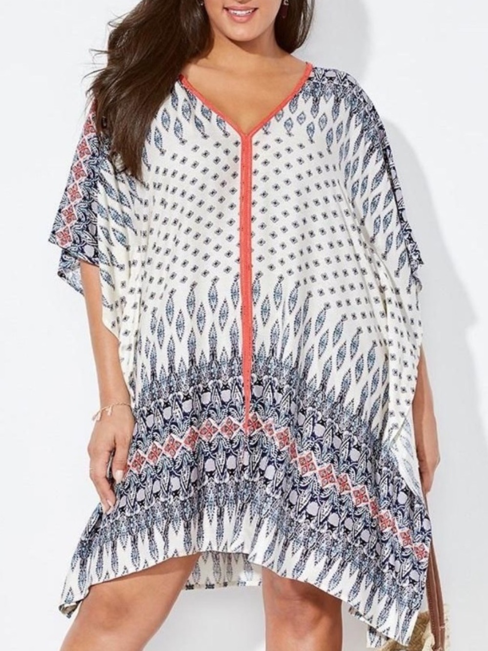 Cupshe White and Navy Boho Print Cover up with Red Accents NWT one size